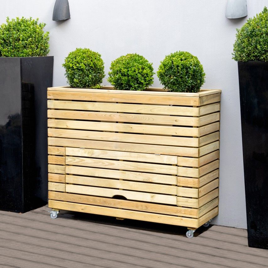 Tall Wooden Planter With Storage & Wheels - 1200mm x 400mm